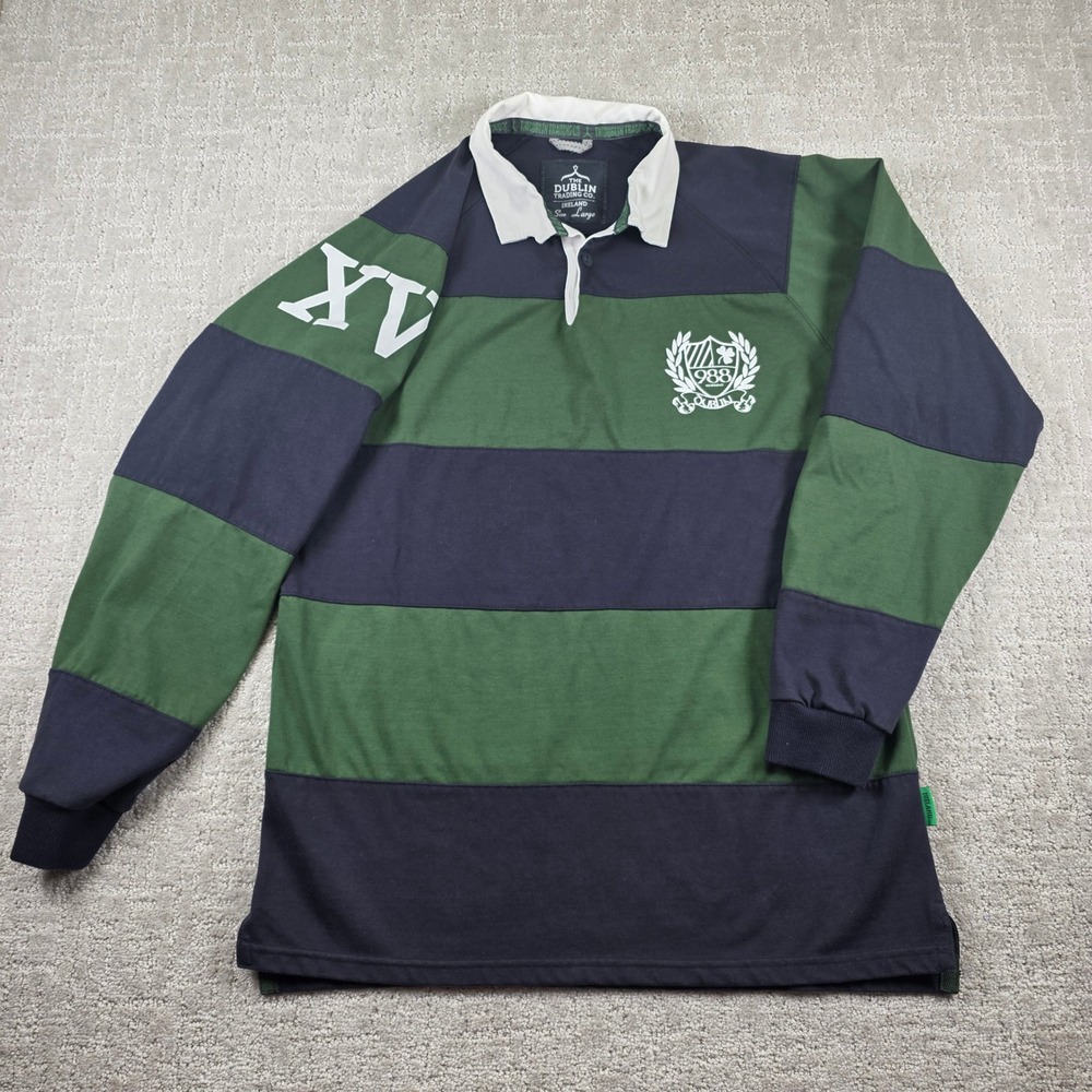 Dublin Trading Co Ireland Rugby Shirt Mens Large Green Navy Striped Long Sleeve